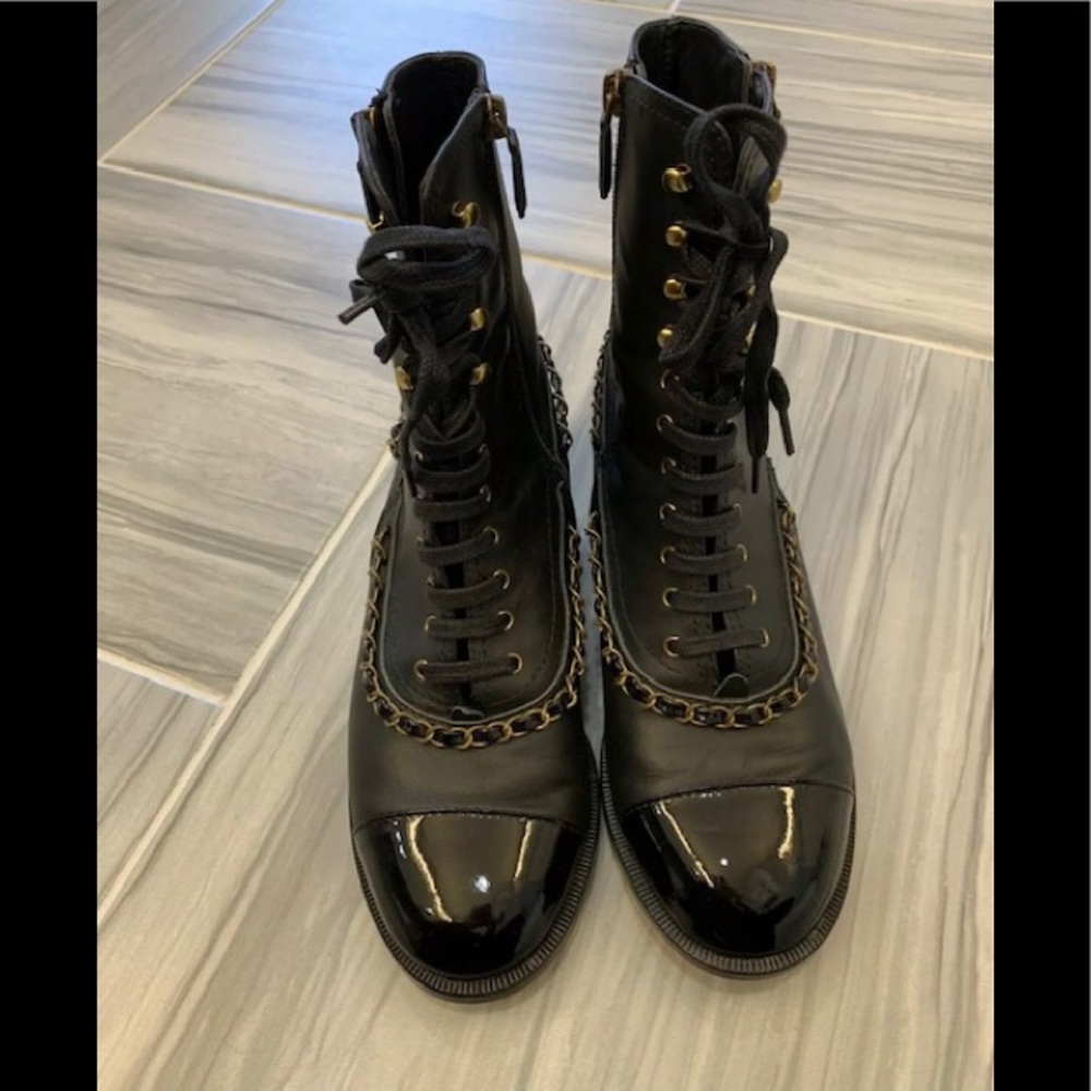 Chanel black leather moto combat boots size 40